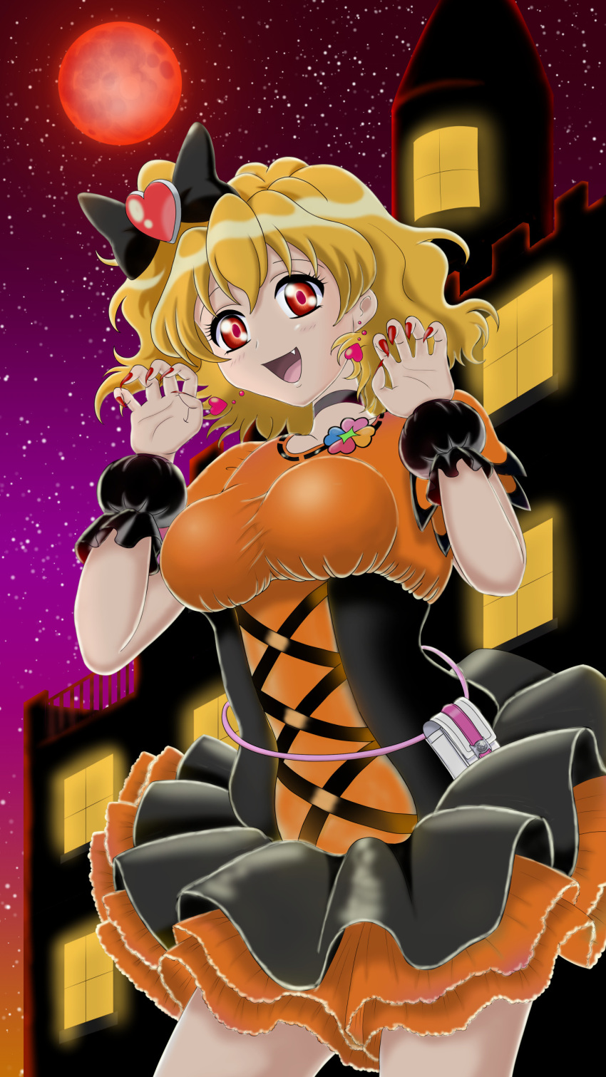 1girl absurdres alternate_costume black_choker black_dress blonde_hair breasts building choker city clover_ornament commentary_request corset cure_pine dress earrings fangs fresh_precure! full_moon halloween halloween_costume heart heart_earrings highres jewelry looking_at_viewer magical_girl medium_breasts moon night night_sky open_mouth orange_dress pouch precure red_eyes red_moon short_sleeves sky solo star_(sky) starry_sky two-tone_dress vampire white_crow_(pl66) wrist_cuffs yamabuki_inori