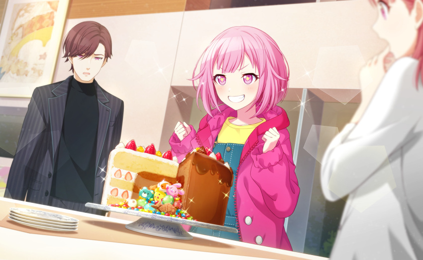 1boy 2girls black_jacket black_sweater blue_overalls brother_and_sister brown_hair cake candy chocolate_cake clenched_hands colorful_palette disgust food grin highres himitsu_no_valentine_daisakusen!_(project_sekai) jacket multiple_girls official_art ootori_emu ootori_hinata ootori_shousuke open_mouth overalls pink_eyes pink_hair pink_jacket pinstripe_pattern plate project_sekai shirt short_hair siblings sisters smile sparkle strawberry_shortcake striped sweater taiyaki w_arms wagashi yellow_shirt
