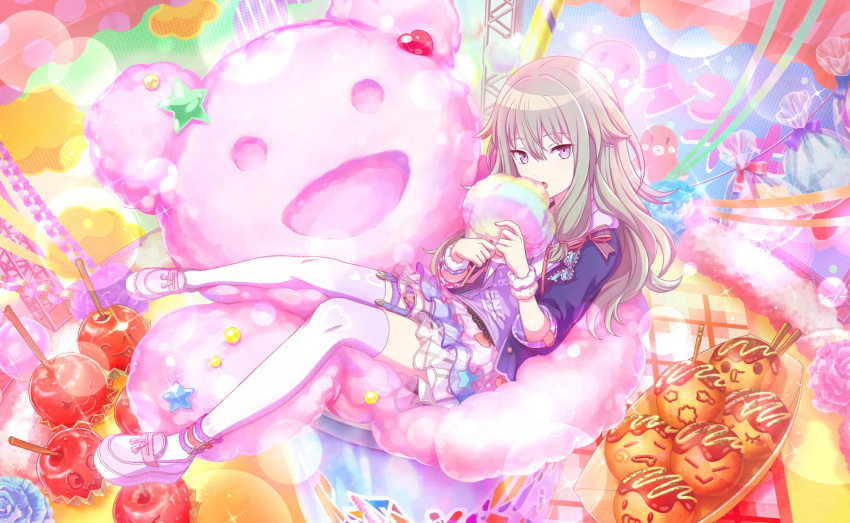 1girl bag blue_jacket bow candy_apple colorful_palette cotton_candy eating food green_hair grey_eyes highres jacket kusanagi_nene long_hair looking_at_viewer low-tied_long_hair official_art open_mouth project_sekai purple_bow purple_shirt scaffolding scrunchie shirt shoes sitting solo takoyaki thigh_strap thighhighs white_footwear white_thighhighs wrist_scrunchie