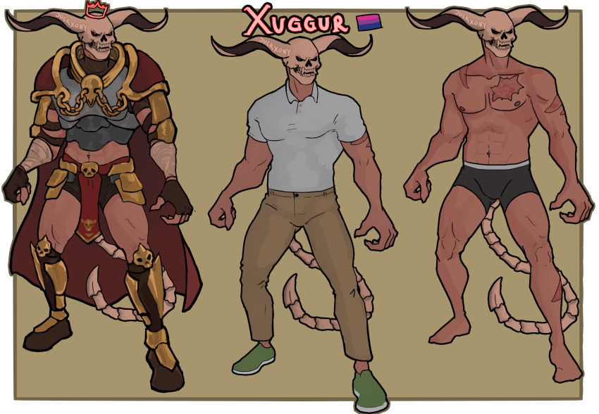 abs armor artist_juckxony bone bone_tail casual_clothing demon hi_res horn human_body humanoid male model_sheet muscular not_furry reference_image scar skull skull_head solo tail warrior