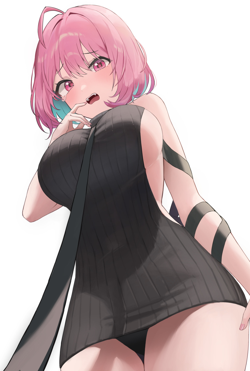 1girl absurdres ahoge aqua_hair bangs black_sweater blush bob_cut breasts chaos195 colored_inner_hair fang from_below frown hair_intakes highres idolmaster idolmaster_cinderella_girls idolmaster_cinderella_girls_starlight_stage large_breasts looking_at_viewer medium_hair meme_attire multicolored_hair open_mouth pink_eyes pink_hair sideboob simple_background solo sweater tearing_up teeth two-tone_hair upper_teeth virgin_killer_sweater white_background yumemi_riamu