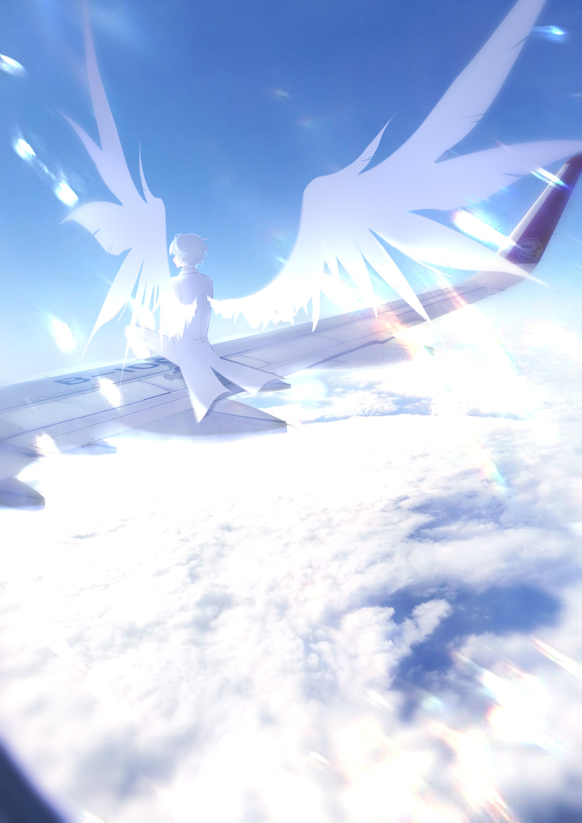 1boy above_clouds absurdres airplane_wing blue_sky blue_theme byuey cloud cloudy_sky commentary facing_away formal from_behind highres male_focus original outdoors pants short_hair sitting sky solo suit tailcoat white_hair white_pants white_suit white_tailcoat white_theme wings wislan_(byuey)