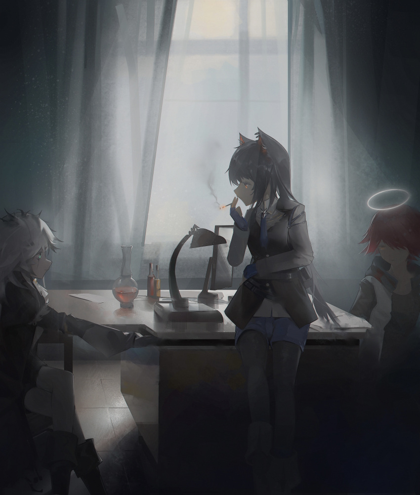 3girls absurdres animal_ears arknights black_coat black_footwear black_pantyhose black_shirt black_vest blue_gloves blue_shorts boboyo boots bottle cigarette coat crossed_legs crying crying_with_eyes_open curtains dark desk desk_lamp ear_piercing exusiai_(arknights) gloves green_eyes grey_hair halo highres holding holding_cigarette indoors jacket lamp lappland_(arknights) lappland_(refined_horrormare)_(arknights) multiple_girls official_alternate_costume open_clothes open_jacket pantyhose pantyhose_under_shorts piercing red_hair scar scar_across_eye shirt shorts smoking tears texas_(arknights) texas_the_omertosa_(arknights) vest white_jacket white_shirt window wolf_ears wolf_girl yellow_eyes