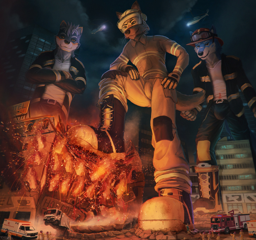 2020 aircraft ambulance anthro armor boots bottomwear bulge burning_building canid canine canis city city_destruction clothing crossed_arms destroyed_building destruction digital_media_(artwork) eyewear fingerless_gloves fire fire_engine firefighter firefighter_boots firefighter_helmet firefighter_uniform footwear foreshortening genital_outline gloves goggles group handwear headgear helicopter helmet helpful hi_res hotel low-angle_view macro male mammal night_sky pants penis_outline plantigrade skyscraper thb886 trio truck_(vehicle) vehicle visor wolf wolfie_(thb886)