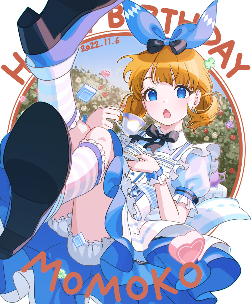 1girl :o absurdres alice_(alice_in_wonderland) alice_(alice_in_wonderland)_(cosplay) alice_in_wonderland bloomers blue_dress blue_eyes bow brown_hair character_name circle cosplay cup dated dress hair_bow happy_birthday highres holding holding_cup holding_saucer idolmaster idolmaster_million_live! idolmaster_million_live!_theater_days looking_at_viewer mimizubare neck_ribbon pinafore_dress puffy_short_sleeves puffy_sleeves ribbon saucer short_sleeves short_twintails socks solo striped striped_socks suou_momoko teacup twintails underwear wrist_cuffs