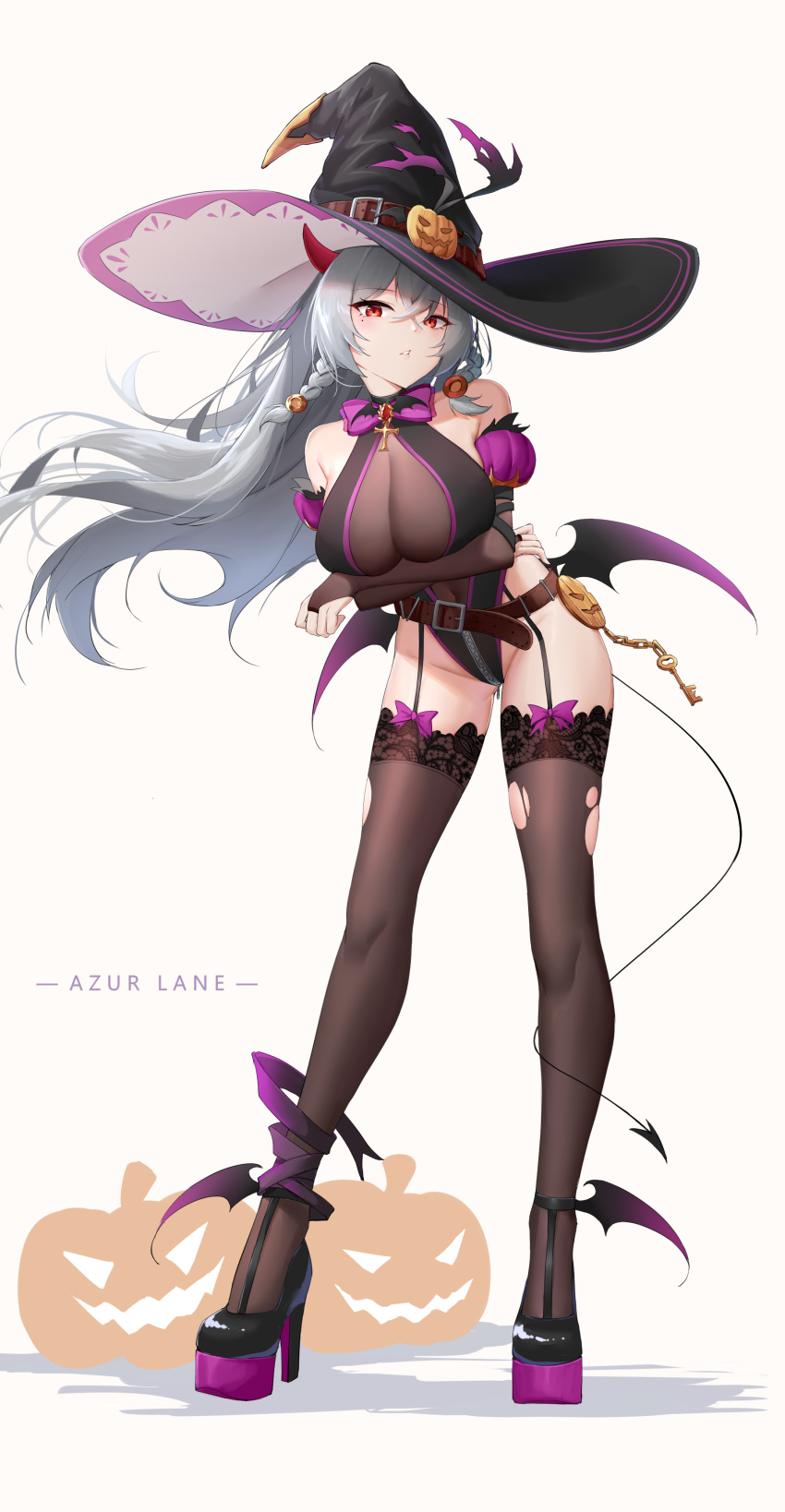 1girl absurdres arms_under_breasts azur_lane bangs bare_shoulders belt black_footwear black_leotard black_thighhighs braid breasts bridal_gauntlets commentary_request copyright_name crossed_bangs demon_girl demon_horns demon_tail full_body garter_straps grey_hair hair_between_eyes halloween hat high_heels highleg highleg_leotard highres horns kafeifeifeifeifeifei_jiemo_jun key keychain lace-trimmed_legwear lace_trim large_breasts leaning_forward legs_apart leotard long_hair low_wings o-ring parted_lips platform_footwear pumpkin red_eyes saint-louis_(azur_lane) shadow simple_background solo tail thighhighs thighs torn_clothes torn_legwear white_background wings witch_hat zipper