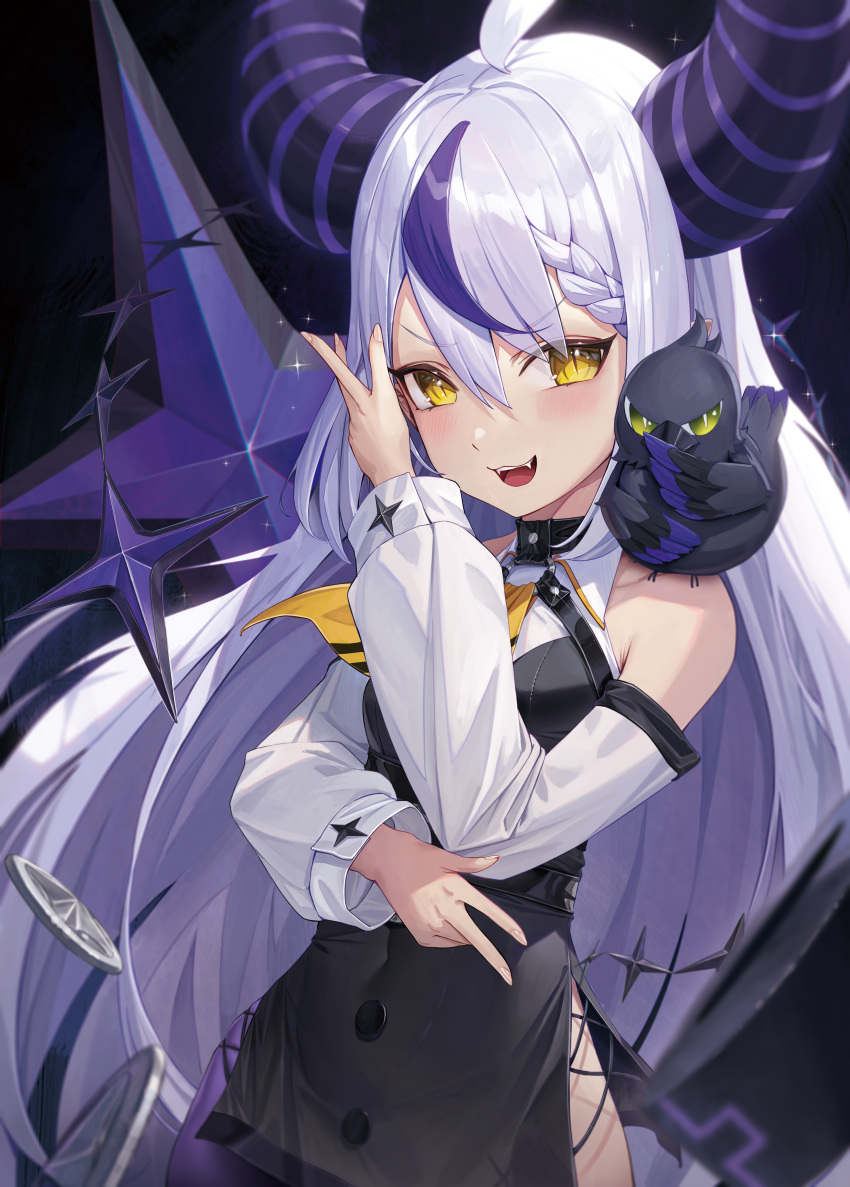 1girl :d absurdres bare_shoulders blue_hair blush braid crow_(la+_darknesss) cryturtle detached_sleeves highres hololive horns la+_darknesss long_hair multicolored_hair open_mouth smile tail teeth two-tone_hair virtual_youtuber yellow_eyes