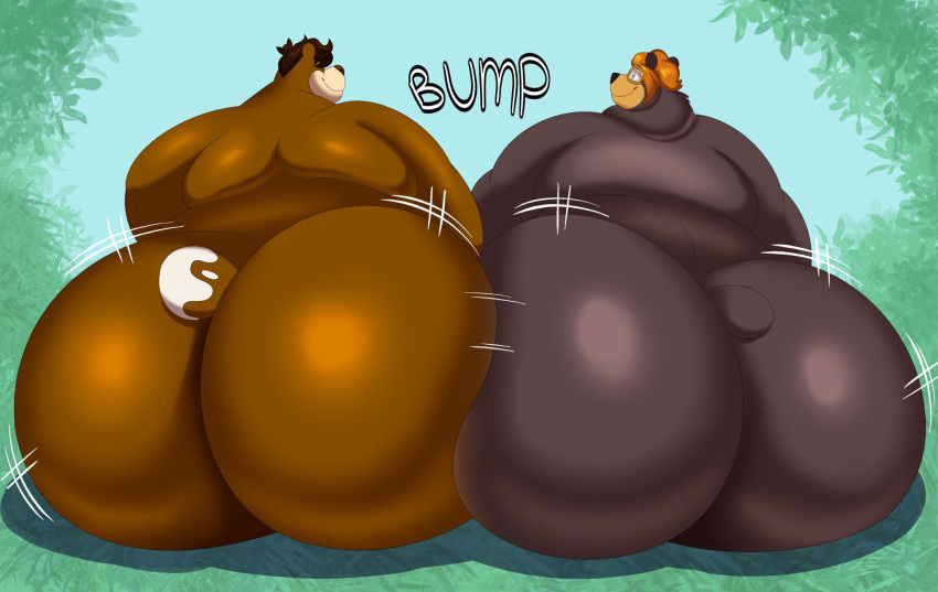 anthro ass_to_ass big_butt brown_body brown_hair bubble_butt butt cinna_(megacoolbear) duo eyewear glasses hair hi_res huge_butt hyper hyper_butt male male/male mammal megacoolbear_(artist) nude orange_hair overweight overweight_anthro overweight_male rear_view ursid