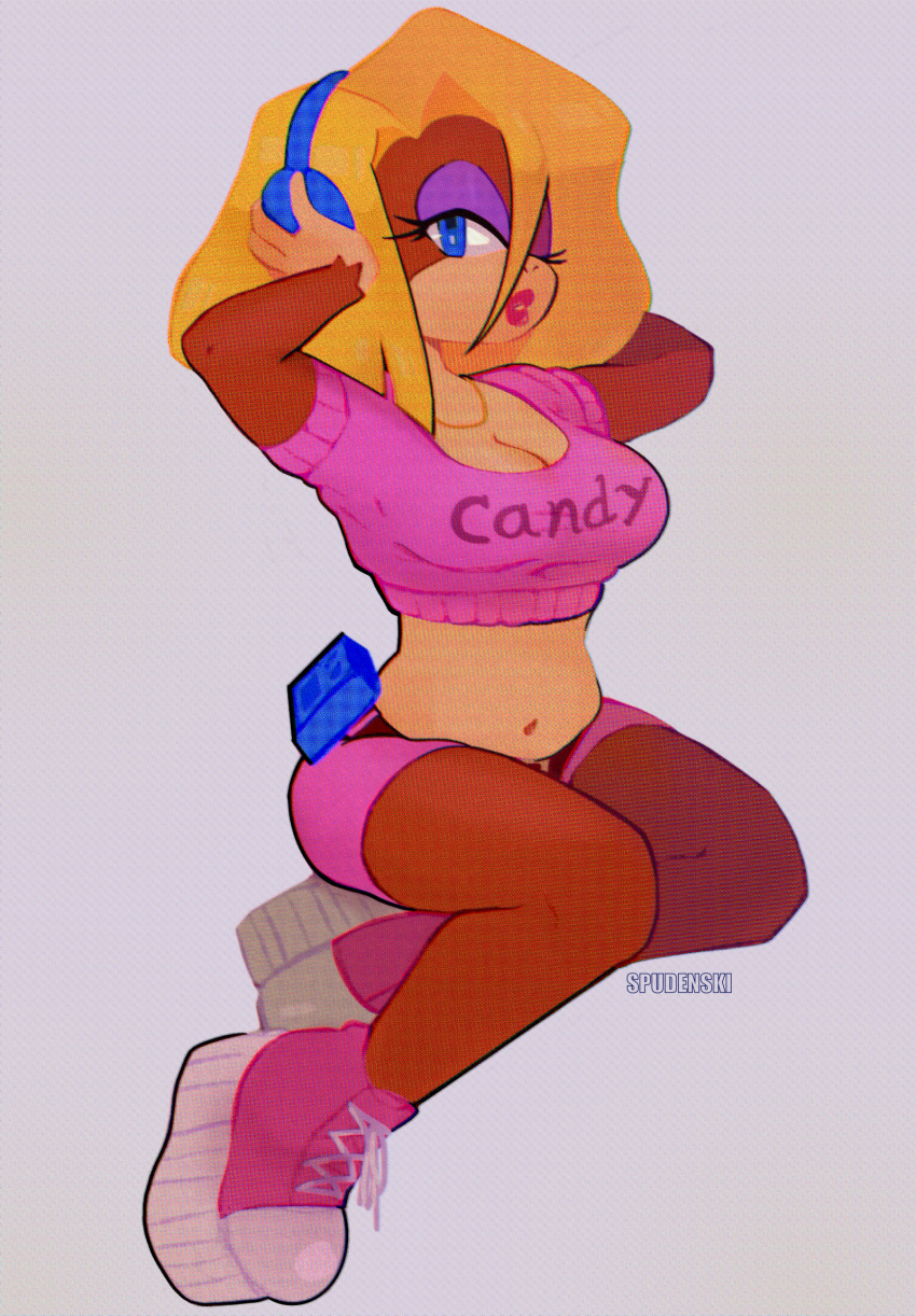 2022 anthro blonde_hair blue_eyes breasts brown_body brown_fur candy_kong cleavage clothed clothing donkey_kong_(series) eyeshadow female footwear fur hair haplorhine headphones hi_res lipstick makeup mammal monkey navel nintendo primate shoes signature simple_background solo spudenski video_games