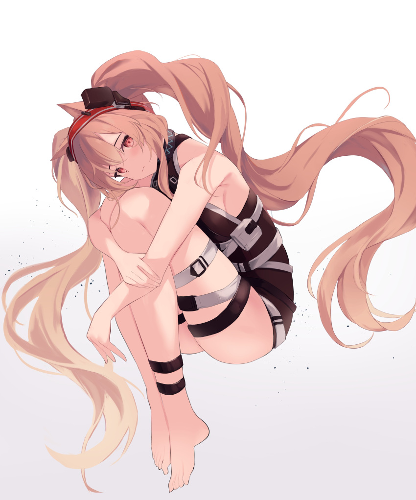 1girl absurdres angelina_(arknights) angelina_(distinguished_visitor)_(arknights) animal_ears arknights bare_shoulders barefoot brown_hair earpiece feet fox_ears hairband highres hugging_own_legs jacket legs long_hair looking_at_viewer mizu_(lzzrwi603) no_jacket official_alternate_costume red_eyes red_hairband simple_background solo thighs toes twintails very_long_hair white_background
