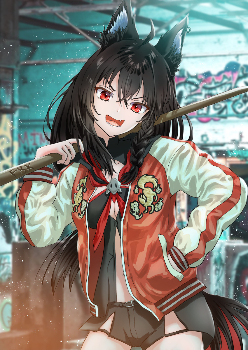 1girl absurdres ahoge animal_ear_fluff animal_ears bangs black_hair black_hoodie black_shorts bokken braid breasts commentary_request earrings fang fox_ears fox_girl fox_tail graffiti hair_between_eyes hand_in_pocket highres holding holding_weapon hololive hood hoodie jacket jewelry kurokami_fubuki ling_mu long_hair looking_at_viewer neckerchief open_clothes open_jacket open_mouth red_eyes red_neckerchief short_shorts shorts sidelocks single_braid skin_fang small_breasts solo sword tail v-shaped_eyebrows virtual_youtuber weapon wooden_sword