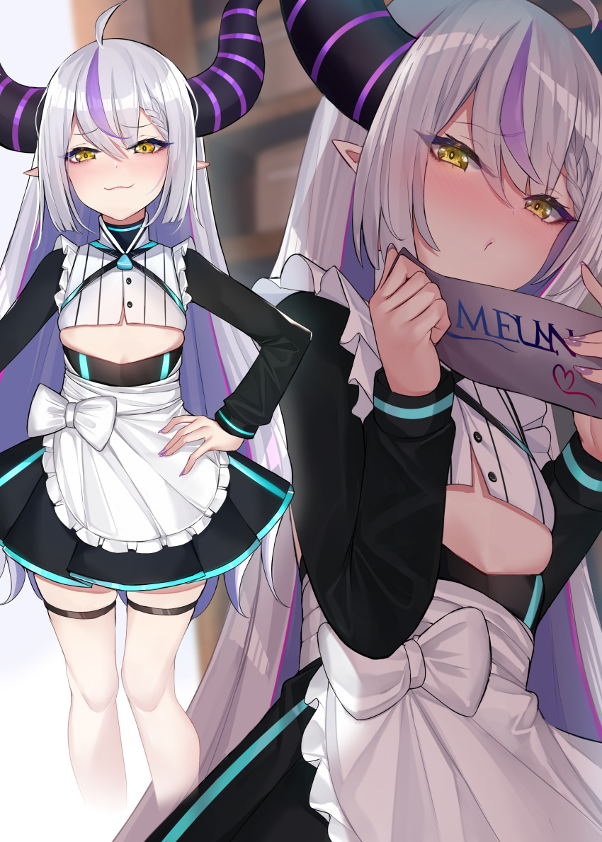 1girl :3 absurdres apron bangs blush braid breasts grey_hair hand_on_hip highres hololive horns la+_darknesss long_hair looking_at_viewer multicolored_hair pointy_ears purple_hair sherryqq small_breasts smile thighhighs two-tone_hair very_long_hair virtual_youtuber white_thighhighs