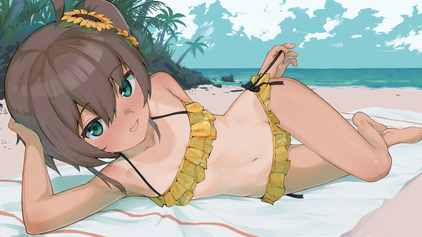 1girl absurdres ahoge aqua_eyes bangs barefoot beach bikini black_bow blue_sky blush bow brown_hair commentary fang flower full_body hair_between_eyes hair_flower hair_ornament halterneck hand_on_own_head head_rest highres hololive legs looking_at_viewer lying mat medium_hair natsuiro_matsuri on_side one-piece_tan orange_bikini outdoors palm_tree recklessdraw side_ponytail skin_fang sky solo sunflower_hair_ornament swimsuit tan tanlines toes tree virtual_youtuber