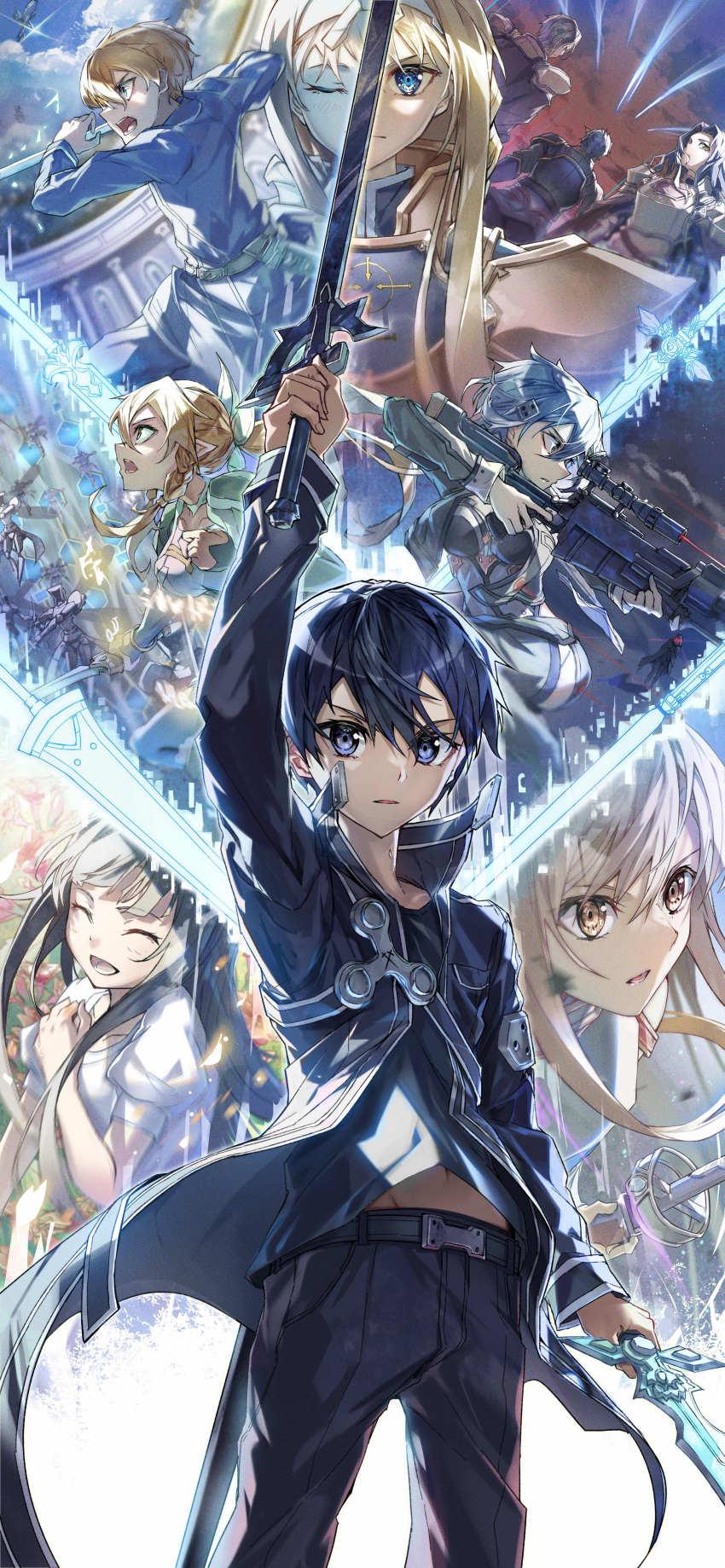 absurdres alice_zuberg asuna_(sao) bercouli_(sao) black_hair blue_eyes closed_mouth death_gun dual_wielding eldrie_(sao) eugeo everyone fanatio_synthesis_two gun highres holding holding_gun holding_sword holding_weapon kirito leafa long_hair looking_at_viewer open_mouth pointy_ears rifle satsuki_(satsuki_art) short_hair sinon smile sniper_rifle sword sword_art_online sword_art_online:_alicization titania_(sao) weapon yui_(sao)