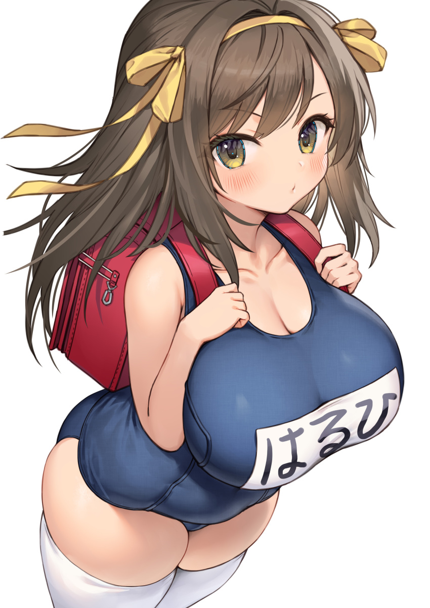 1girl absurdres alternate_breast_size backpack bag blue_one-piece_swimsuit breasts brown_eyes brown_hair bush covered_navel gougasha_akira hair_ribbon highres large_breasts looking_at_viewer medium_hair name_tag official_alternate_hair_length official_alternate_hairstyle old_school_swimsuit one-piece_swimsuit randoseru ribbon school_bag school_swimsuit simple_background solo suzumiya_haruhi suzumiya_haruhi_no_yuuutsu swimsuit thick_thighs thighhighs thighs white_background white_thighhighs yellow_ribbon