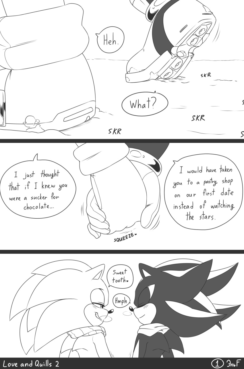 &lt;3 2022 anklet anthro anthro_on_anthro blush breath clothing comic dialogue duo english_text eulipotyphlan eyes_closed gloves greyscale grin half-closed_eyes hand_holding handwear hedgehog hi_res jewelry krazyelf looking_at_another male male/male mammal monochrome narrowed_eyes onomatopoeia romantic romantic_couple running_shoes scarf sega shadow_the_hedgehog simple_background smile smirk sonic_the_hedgehog sonic_the_hedgehog_(series) sound_effects speech_bubble text white_background