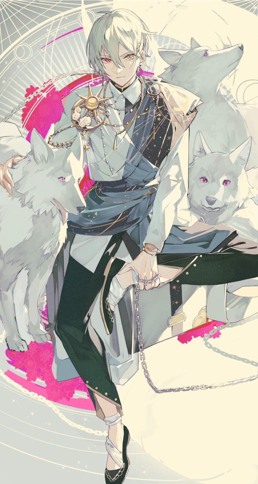 1boy chain closed_mouth clothing_request commentary dot37_m heavy_breathing heterochromia highres looking_at_viewer mahoutsukai_no_yakusoku male_focus owen_(mahoutsukai_no_yakusoku) pink_eyes serious short_hair sitting solo tagme white_hair white_wolf wolf yellow_eyes