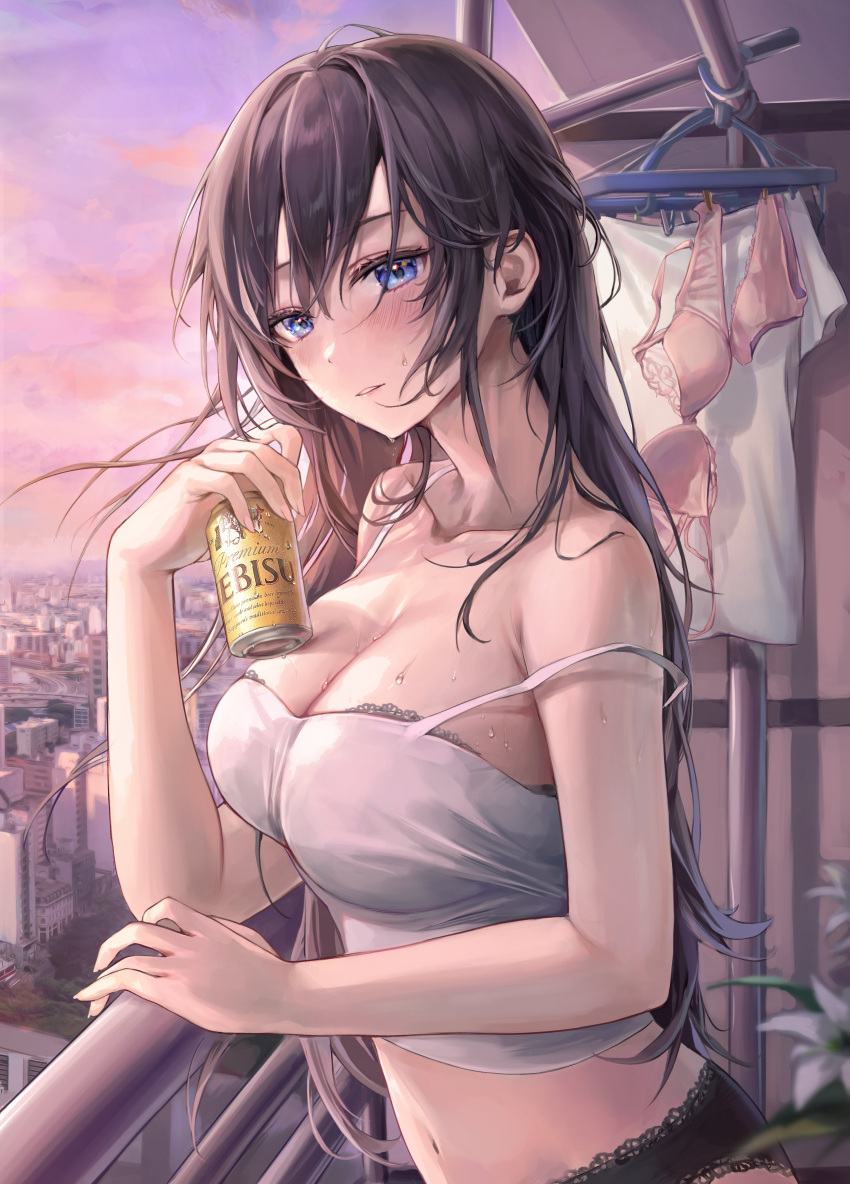 1girl absurdres aibek balcony bangs bare_arms bare_shoulders beer_can black_panties blue_eyes bra bra_peek breasts brown_hair camisole can cityscape cleavage clothes_hanger collarbone commentary_request condensation crop_top drink elbow_rest evening flower highres holding holding_drink lace-trimmed_bra lace-trimmed_panties lace_trim large_breasts long_hair looking_at_viewer midriff navel original panties parted_lips railing sidelocks sky solo spaghetti_strap stomach strap_slip sweat underwear upper_body wet white_camisole