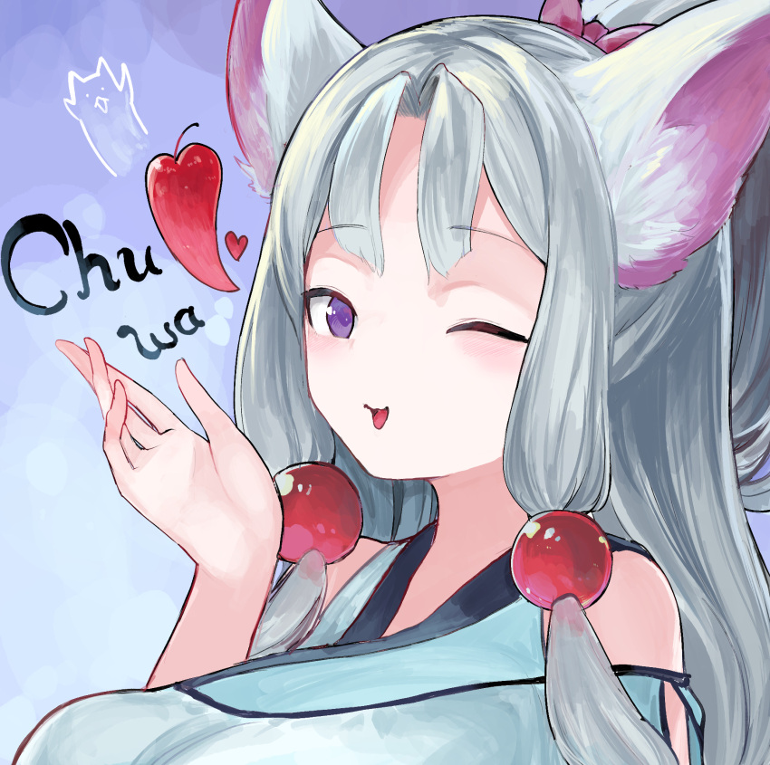1girl ;d animal_ear_fluff animal_ears bow breasts fox_ears fox_girl grey_hair hair_bobbles hair_bow hair_intakes hair_ornament hand_up heart highres large_breasts long_hair looking_at_viewer microa nhk_(voiceroid) one_eye_closed open_mouth pink_bow purple_eyes smile solo touhoku_itako upper_body voiceroid