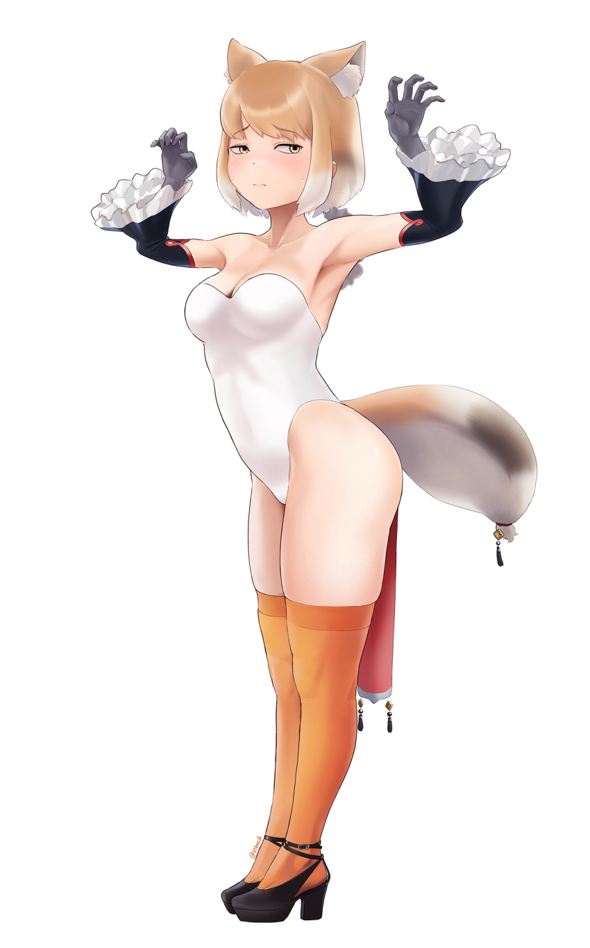 1girl alternate_costume animal_ear_fluff animal_ears armpits arms_up bangs bare_shoulders beleven black_hair breasts brown_hair claw_pose closed_mouth detached_sleeves embarrassed extra_ears fox_ears fox_girl fox_tail frilled_sleeves frills full_body furrowed_brow gloves green_eyes high_heels highres kemono_friends leotard light_blush light_brown_hair looking_to_the_side medium_breasts medium_hair multicolored_hair over-kneehighs paid_reward_available shoes sidelocks simple_background solo standing strapless strapless_leotard tail thighhighs tibetan_fox_(kemono_friends) white_background white_hair white_leotard