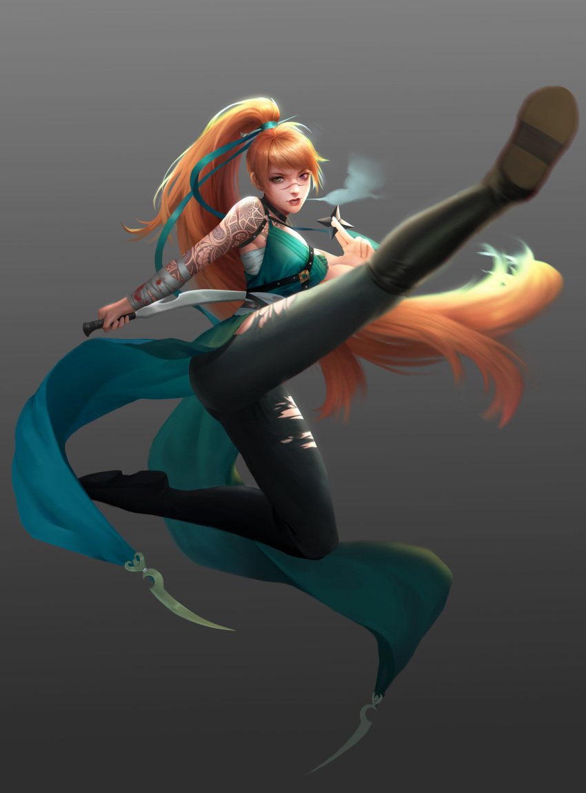 1girl absurdres arm_tattoo arm_wrap boots full_body gradient gradient_background grey_background heterochromia highres holding holding_knife holding_weapon jing_zhou kicking knife kunai long_hair looking_at_viewer open_mouth orange_hair original ponytail purple_eyes scar scar_on_face scar_on_nose sleeveless smoke solo tattoo torn_clothes torn_legwear weapon yellow_eyes