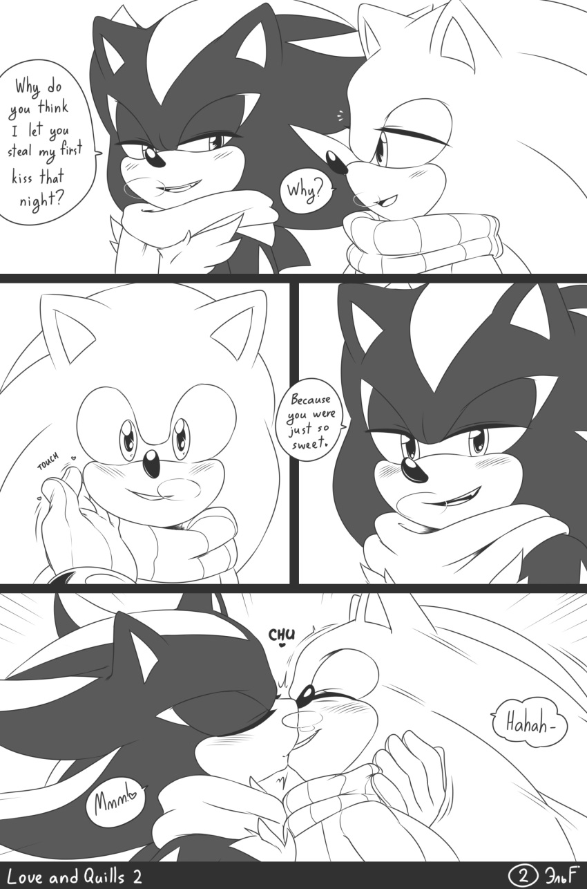 2022 anthro anthro_on_anthro blush breath chest_tuft comic cute_fangs dialogue duo english_text eulipotyphlan greyscale half-closed_eyes hand_holding head_grab hedgehog hi_res intraspecies kissing krazyelf laugh looking_at_another male male/male mammal monochrome narrowed_eyes onomatopoeia romantic romantic_couple scarf sega shadow_the_hedgehog smile sonic_the_hedgehog sonic_the_hedgehog_(series) sound_effects speech_bubble text tuft