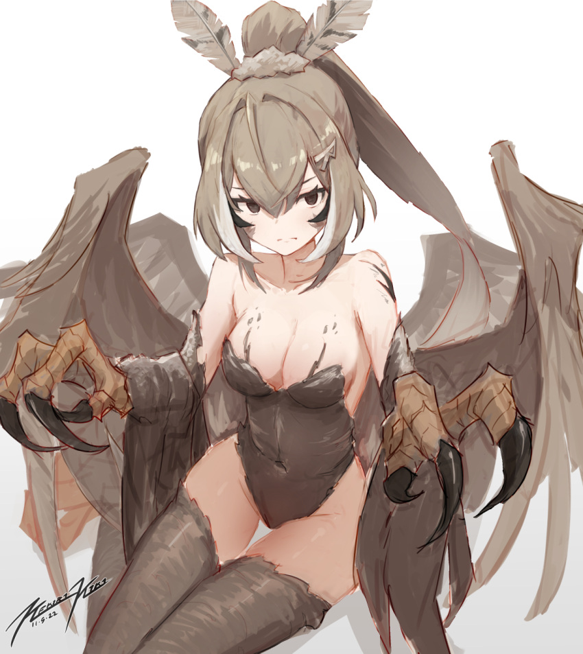 1girl bangs bare_shoulders black_eyes breasts brown_hair cleavage empty_eyes feather_hair_ornament feathered_wings feathers hair_ornament hairclip harpy highres hololive hololive_english long_hair looking_at_viewer medium_breasts monster_girl multicolored_hair multiple_girls nanashi_mumei ponytail punished_pigeon runes sidelocks solo streaked_hair talons very_long_hair virtual_youtuber white_background winged_arms wings