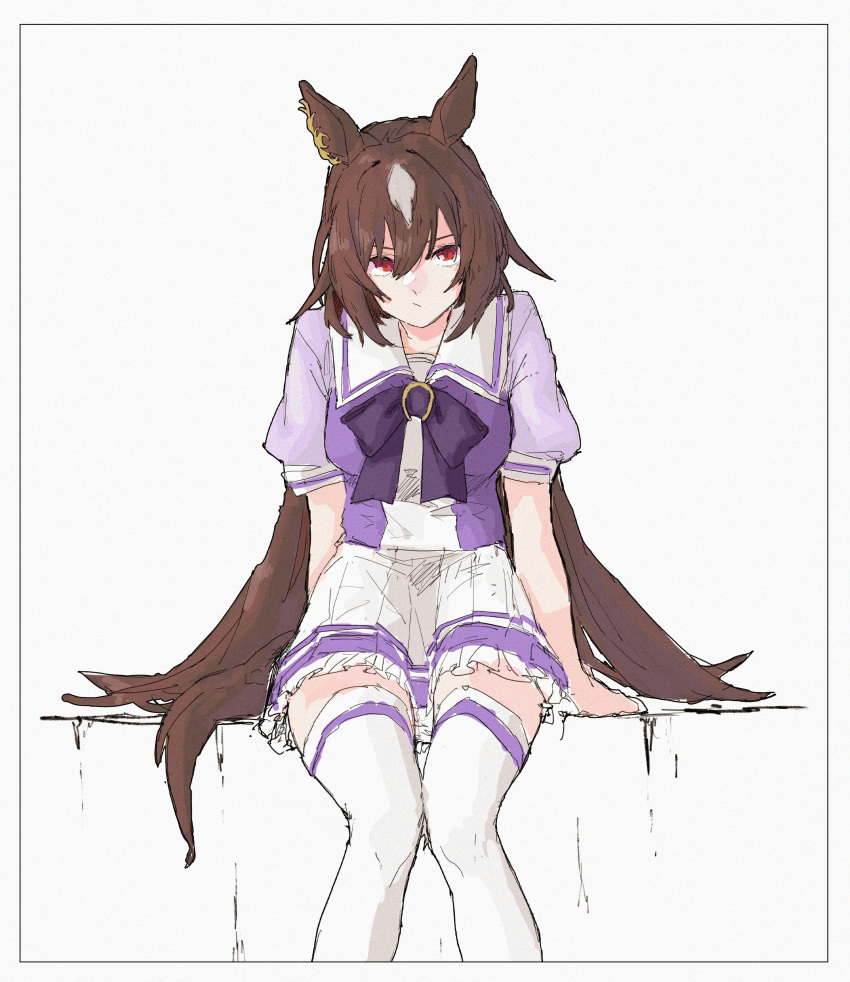 1girl absurdres animal_ears bangs border bow bowtie breasts brown_hair closed_mouth feet_out_of_frame highres horse_ears horse_girl horse_tail long_hair looking_at_viewer puffy_short_sleeves puffy_sleeves purple_shirt red_eyes ryne_25 sailor_collar school_uniform shirt short_sleeves sirius_symboli_(umamusume) sitting skirt small_breasts solo tail thighhighs tracen_school_uniform umamusume white_skirt white_thighhighs