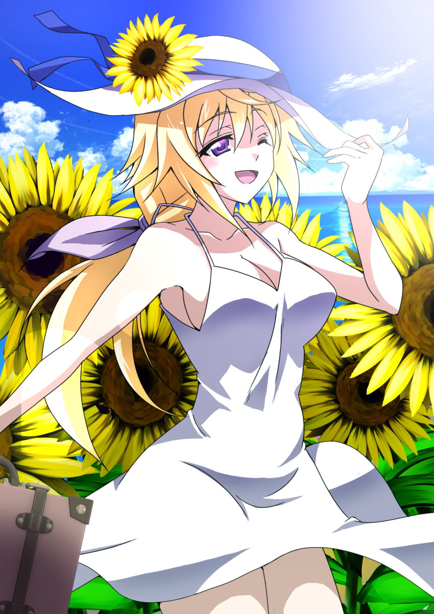 1girl blonde_hair blue_sky breasts charlotte_dunois cleavage cloud commentary_request cowboy_shot day dress flower hat hat_flower highres horizon infinite_stratos kuroda_ariake large_breasts long_hair low_ponytail ocean outdoors purple_eyes sky sleeveless sleeveless_dress solo suitcase sun_hat sundress sunflower white_dress white_headwear