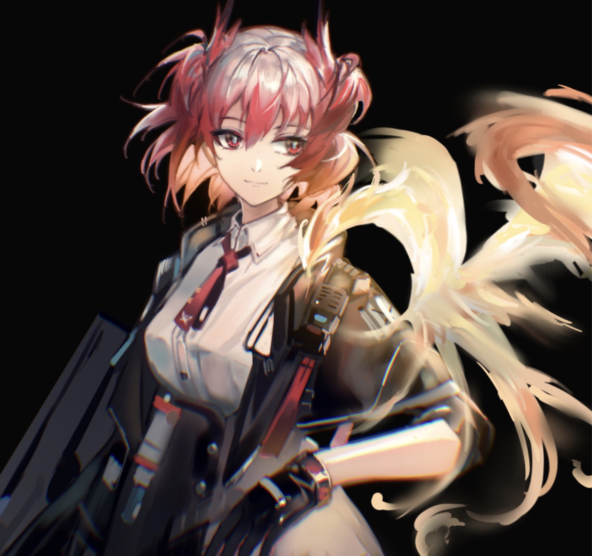 1girl animal_ears arknights bird_ears black_background black_gloves black_skirt collared_shirt fiammetta_(arknights) gloves hair_between_eyes highres id_card looking_at_viewer necktie onlly red_eyes red_hair red_necktie shirt short_sleeves simple_background skirt solo upper_body walkie-talkie white_shirt