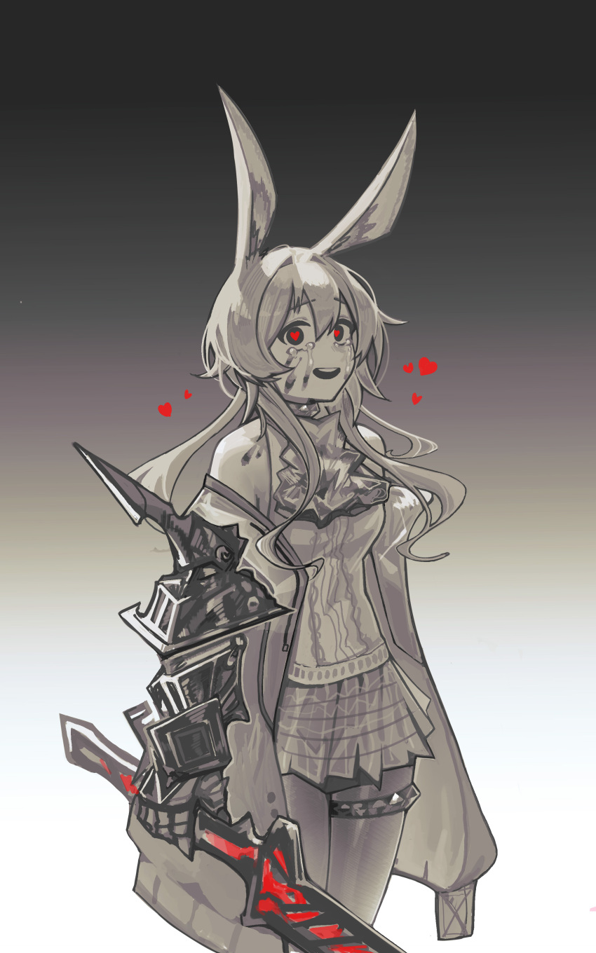 1girl absurdres amiya_(arknights) amiya_(guard)_(arknights) animal_ears arknights ascot bare_shoulders blood blood_on_face constant_qiu cowboy_shot crying crying_with_eyes_open gradient gradient_background grey_background greyscale heart heart-shaped_pupils highres holding holding_sword holding_weapon jacket long_hair looking_at_viewer monochrome off_shoulder official_alternate_costume open_clothes open_jacket pantyhose plaid plaid_skirt pleated_skirt rabbit_ears rabbit_girl shirt sidelocks simple_background skirt sleeveless sleeveless_shirt solo spot_color sword symbol-shaped_pupils tears thighlet thighs weapon