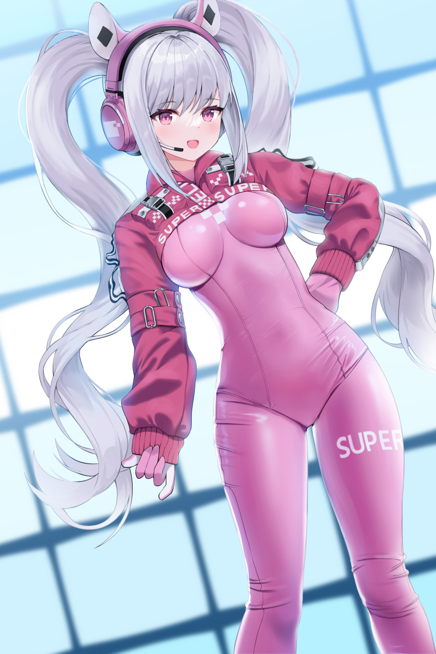 1girl absurdres alice_(nikke) animal_ear_headphones bodysuit breasts gloves goddess_of_victory:_nikke grey_hair hand_on_hip headphones headset highres impossible_bodysuit impossible_clothes jacket long_hair long_sleeves looking_at_viewer medium_breasts multicolored_clothes multicolored_gloves neko_lu_(wofud453) open_mouth pink_bodysuit pink_eyes pink_gloves pink_jacket smile solo standing twintails white_gloves