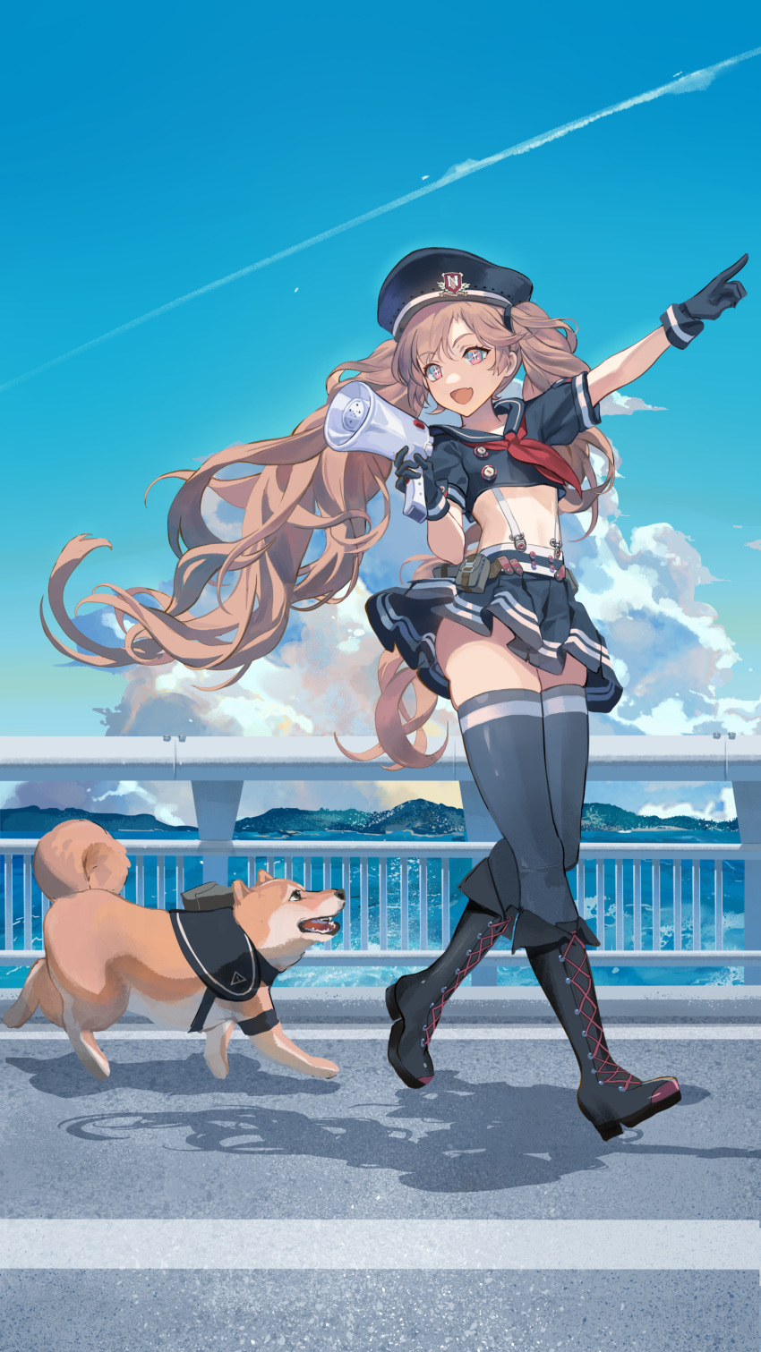 1girl absurdres animal black_footwear black_gloves black_headwear black_neckerchief black_sailor_collar black_skirt blue_sky boots clothed_animal cloud contrail crop_top day dog full_body gloves goddess_of_victory:_nikke hat highres hillly_(maiwetea) holding knee_boots light_brown_hair long_hair megaphone midriff miranda_(nikke) neckerchief open_mouth outdoors pleated_skirt pointing railing sailor_collar shadow short_sleeves skirt sky suspenders thighhighs twintails very_long_hair walking water