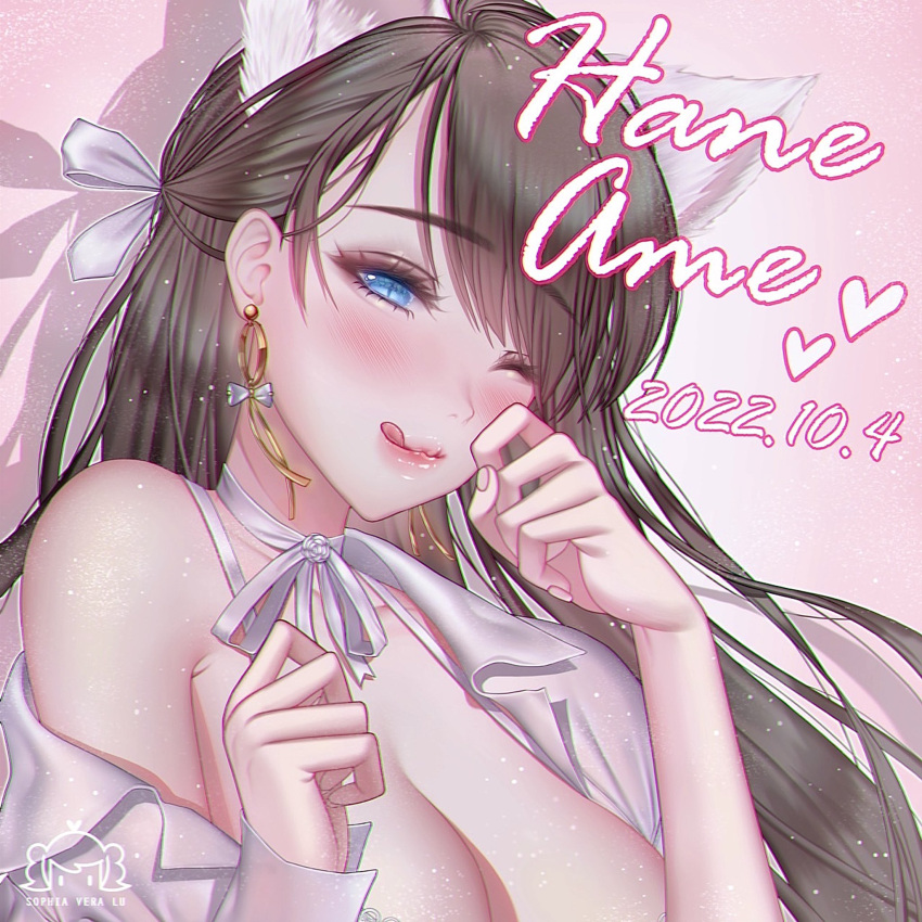 1girl animal_ears artist_name black_hair blue_eyes blush bow breasts earrings hair_bow haneame highres jewelry large_breasts long_hair one_eye_closed real_life ribbon shadow sophia_vera_lu tongue tongue_out white_bow white_ribbon