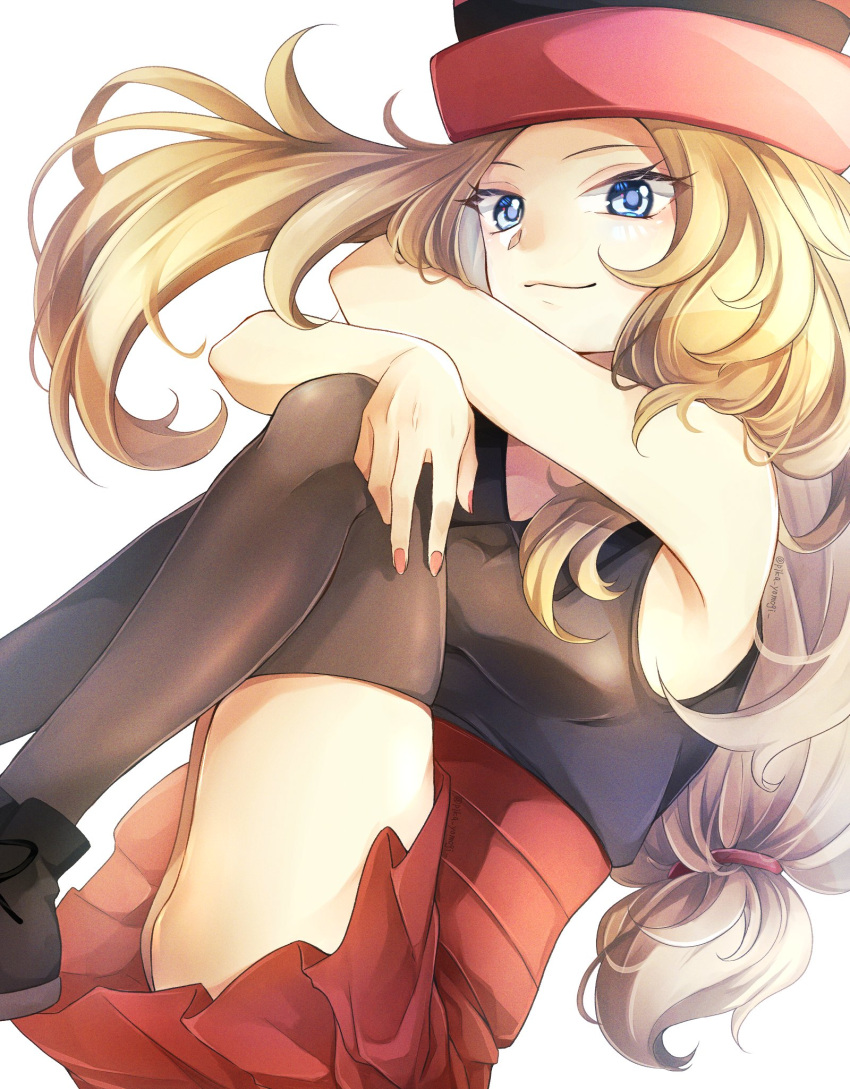 1girl black_footwear blonde_hair blue_eyes blush collared_shirt eyewear_on_headwear hat high-waist_skirt highres hugging_own_legs long_hair pink_headwear pokemon pokemon_(game) pokemon_xy red_skirt serena_(pokemon) shirt shoes skirt sleeveless sleeveless_shirt smile sunglasses thighhighs white-framed_eyewear yomogi_(black-elf)