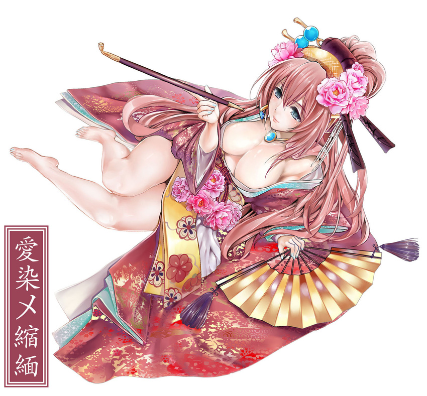arm_support barefoot blue_eyes blue_nails breasts cleavage downblouse fan flower full_body hair_flower hair_ornament headset highres japanese_clothes jewelry kimono kiseru large_breasts legs long_hair maruyama megurine_luka nail_polish obi oiran pendant pink_hair pipe sash sitting solo tassel vocaloid