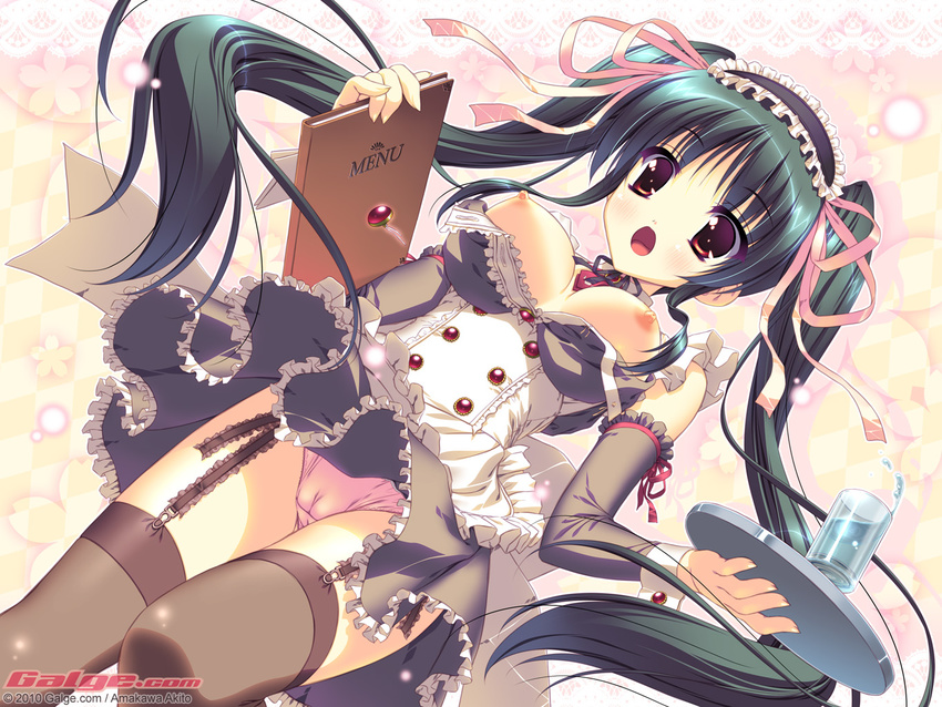 :o amakawa_akito black_hair blush breasts breasts_outside buttons cameltoe dutch_angle frills from_below galge.com garter_straps green_hair lace light_particles long_hair maid_headdress medium_breasts menu nipples open_mouth panties pink_panties popped_button purple_eyes solo thighhighs too_many too_many_frills tray twintails underwear upskirt very_long_hair waitress wardrobe_malfunction