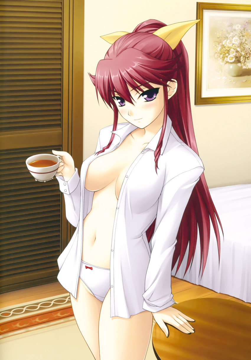 absurdres bow bow_panties breasts cup dress_shirt highres kimi_ga_aruji_de_shitsuji_ga_ore_de long_hair medium_breasts navel no_bra no_pants non-web_source open_clothes open_shirt panties purple_eyes red_hair shirt solo tea underboob underwear venis