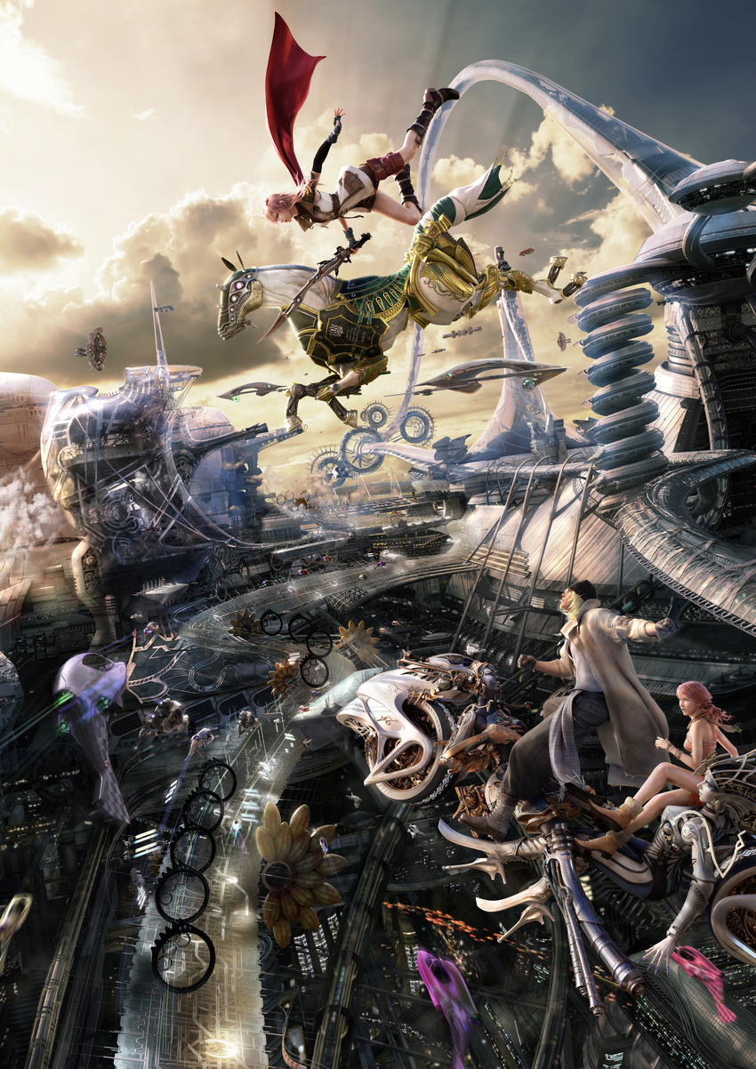 2girls 3d absurdres bandana blonde_hair boots cape city falling final_fantasy final_fantasy_xiii fingerless_gloves gloves highres horse jewelry lightning_farron multiple_girls naora_yusuke necklace odin_(final_fantasy) oerba_dia_vanille official_art pink_hair shiva_(final_fantasy) sky snow_villiers sword weapon