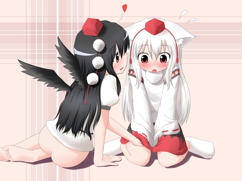 alternate_hair_length alternate_hairstyle animal_ears ass bad_feet barefoot black_hair black_wings blush bottomless detached_sleeves hat highres inubashiri_momiji long_hair multiple_girls natsu_no_koucha red_eyes shameimaru_aya tabi tokin_hat touhou white_hair wings wolf_ears yuri