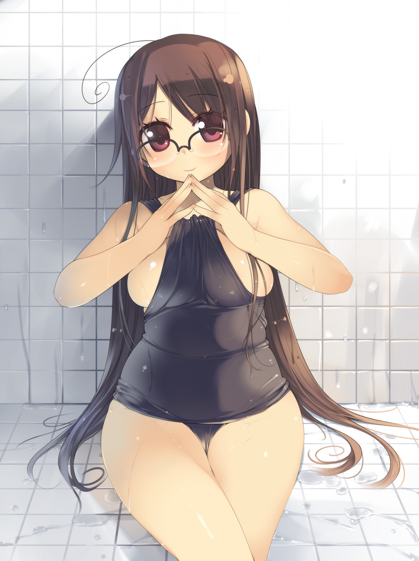 absurdres ahoge arima_senne bare_shoulders breasts brown_hair glasses highres kashiwamochi_yomogi large_breasts long_hair one-piece_swimsuit original plump purple_eyes red_eyes school_swimsuit smile solo swimsuit swimsuit_pull tareme thighs wet