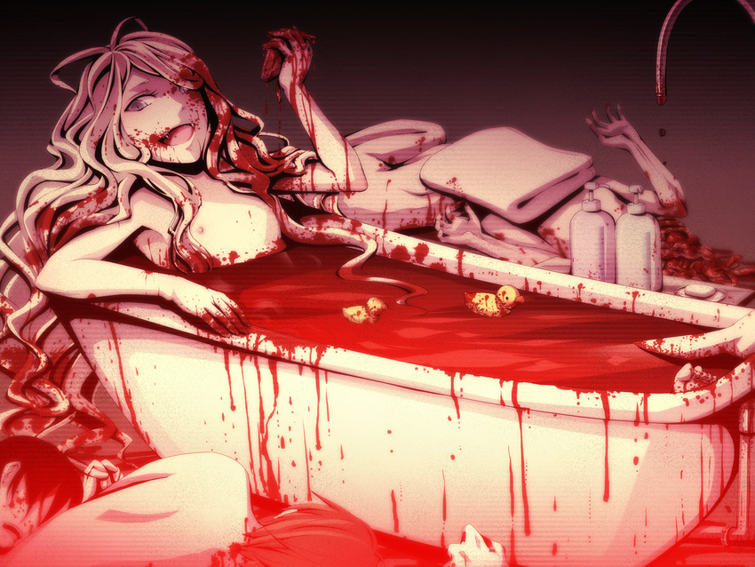 bath bath_of_blood bathtub blood blood_on_face copyright_request fangs flat_chest guro heart_(organ) highres intestines long_hair nipples pd-x pixiv_nocturne rubber_duck slit_pupils solo vampire