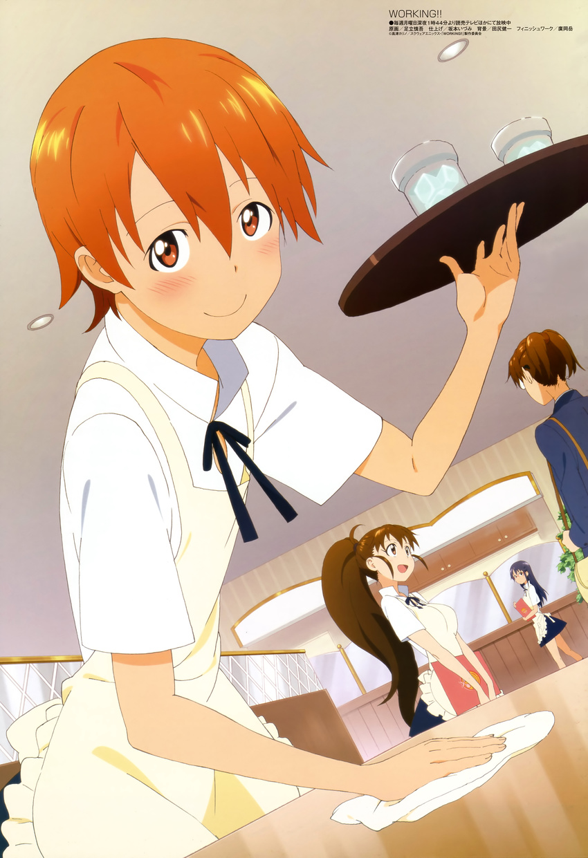 :d absurdres adachi_shingo apron blush brown_eyes brown_hair dutch_angle highres inami_mahiru long_hair matsumoto_maya megami multiple_girls official_art open_mouth orange_eyes orange_hair ponytail scan short_hair sidelocks smile takanashi_kazue taneshima_popura tray waitress working!!