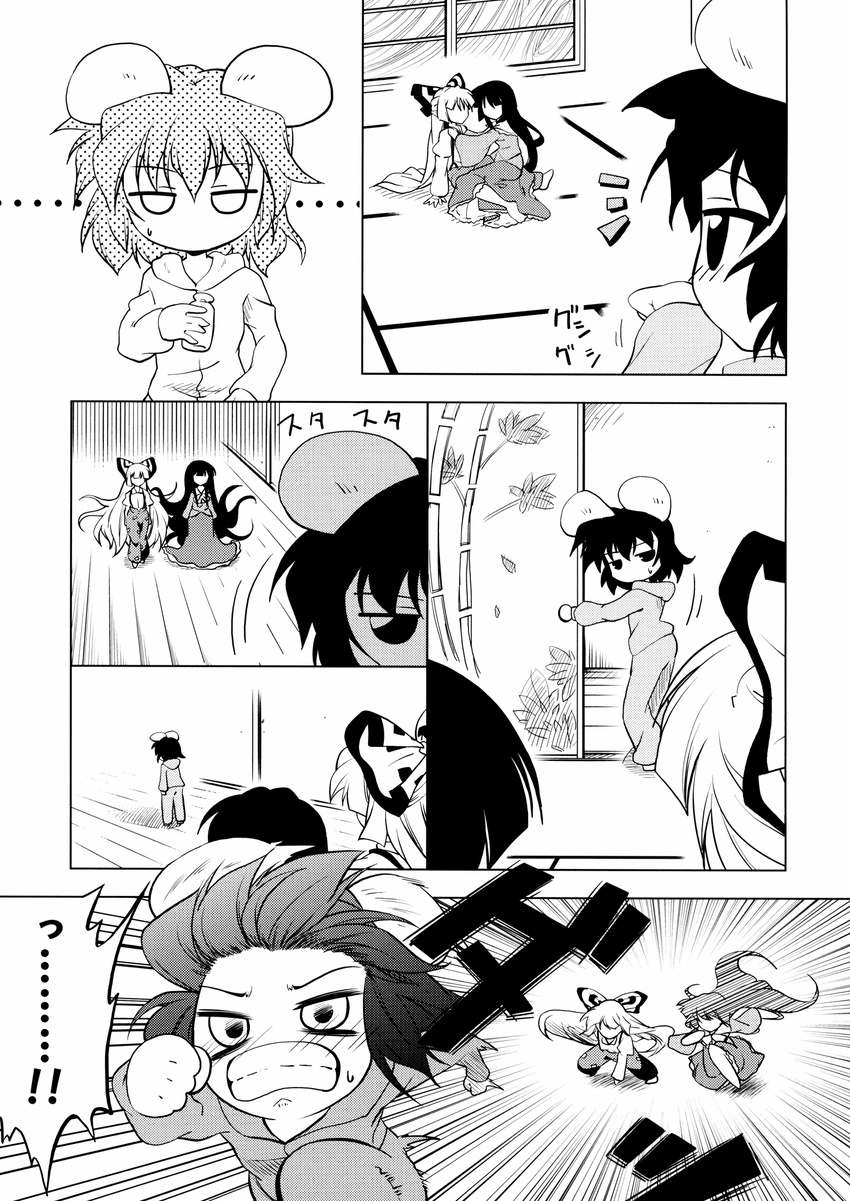 3girls bottle chasing clenched_teeth comic faceless faceless_female fleeing fujiwara_no_mokou greyscale hachi_(chihagura) highres hood hoodie houraisan_kaguya inaba_tewi monochrome motion_blur multiple_girls non-web_source running tatami teeth touhou translated you_gonna_get_raped yuri