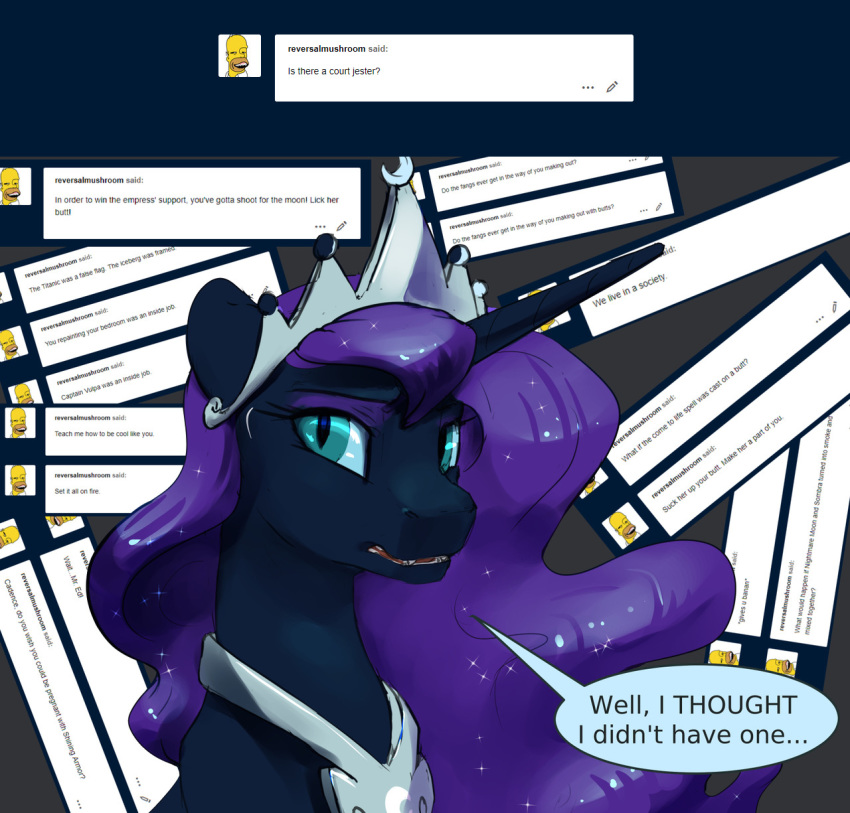 2019 ask_blog blue_eyes crown dialogue english_text equine eyeshadow fangs female friendship_is_magic hair horn jewelry makeup mammal my_little_pony necklace nightmare_moon_(mlp) purple_eyeshadow purple_hair silfoe slit_pupils sparkles text tiara unicorn