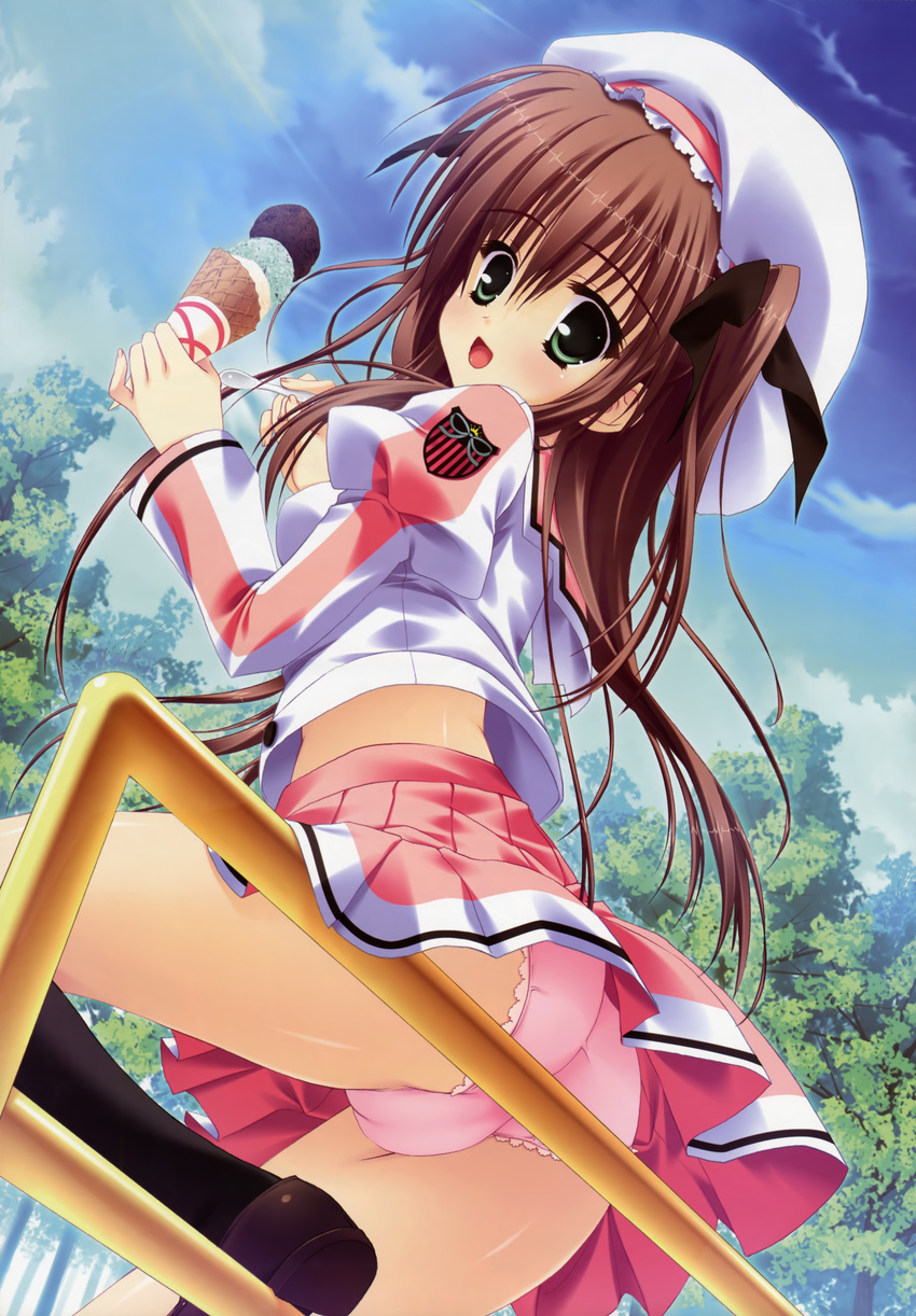 :d absurdres ass beret blush brown_hair cloud day food from_below green_eyes hair_ribbon hat hatsukoi_time_capsule highres hinamatsuri_touko ice_cream kneehighs lace lace-trimmed_panties light_rays loafers long_hair looking_back midriff minano_anna nature official_art open_mouth outdoors panties pantyshot pink_panties pink_skirt pinky_out pleated_skirt railing ribbon scan school_uniform serafuku shoes sitting skirt sky smile solo spoon sunbeam sunlight tree twintails underwear upskirt very_long_hair
