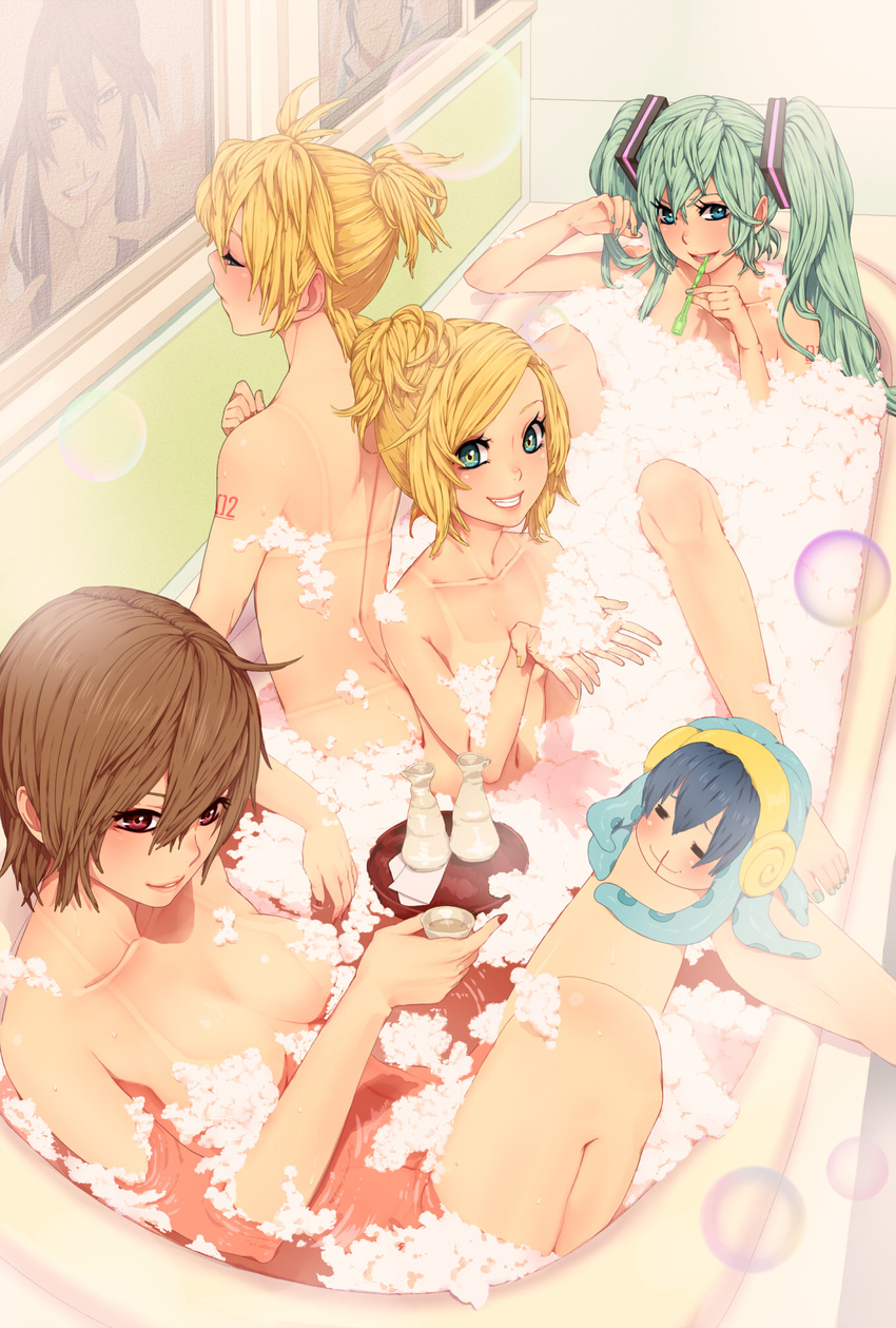 3girls alcohol aqua_hair aqua_nails barefoot bath bikini_tan blonde_hair blood blue_eyes blush breasts brown_hair bubble bubble_bath censored convenient_censoring flat_chest green_hair grin hands hatsune_miku heterochromia highres kagamine_len kagamine_rin kaito kamui_gakupo medium_breasts meiko multiple_boys multiple_girls nail_polish nayu nosebleed nude otoko_no_ko red_eyes red_nails ripples sake small_breasts smile soap_bubbles soap_censor takoluka tan tanline toes twintails vocaloid yellow_nails