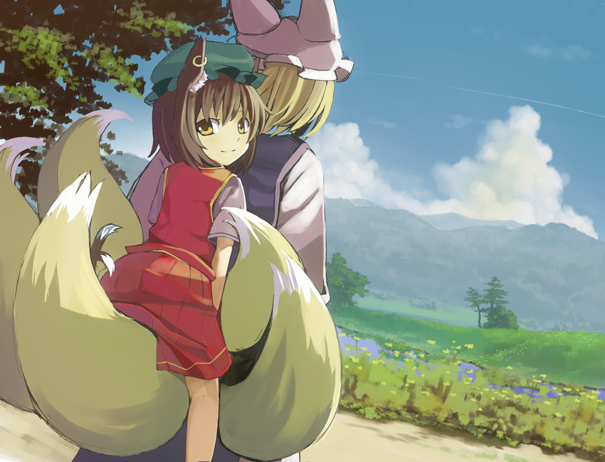 animal_ears bad_id bad_pixiv_id blonde_hair brown_hair carrying cat_ears chen commentary_request dutch_angle earrings fox_tail from_behind hat hidebo highres jewelry landscape looking_back meadow multiple_girls multiple_tails piggyback short_hair skirt smile tail touhou yakumo_ran yellow_eyes