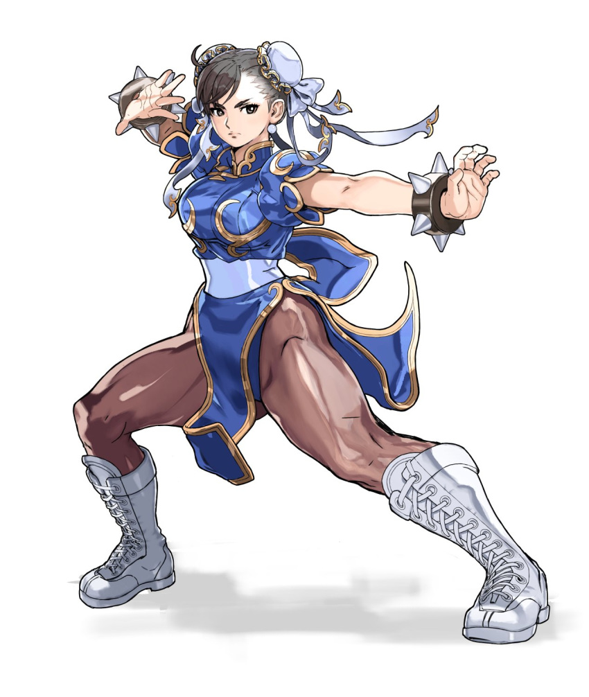 1girl black_eyes black_hair boots bracelet bun_cover capcom chun-li cross-laced_footwear double_bun earrings fighting_stance highres jewelry lace-up_boots legs_apart pantyhose pelvic_curtain puffy_sleeves sash solo spiked_bracelet spikes street_fighter tareme white_background yasuda_akira