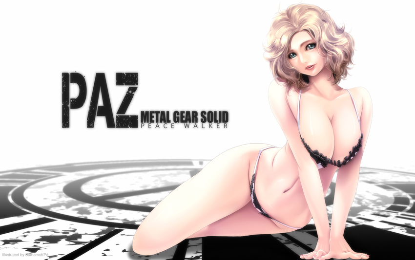 alternate_breast_size arm_support bad_id bad_pixiv_id blonde_hair blue_eyes blurry bra breast_press breast_squeeze breasts character_name cleavage copyright_name depth_of_field head_tilt highres lace lace-trimmed_bra lace-trimmed_panties large_breasts leaning lingerie lips lipstick logo looking_at_viewer lying makeup metal_gear_(series) metal_gear_solid_peace_walker navel open_mouth panties paz_ortega_andrade peace_symbol shadow short_hair slender_waist solo sumomo_kpa thighs underwear underwear_only wallpaper wavy_hair white_background white_bra white_panties wide_hips widescreen